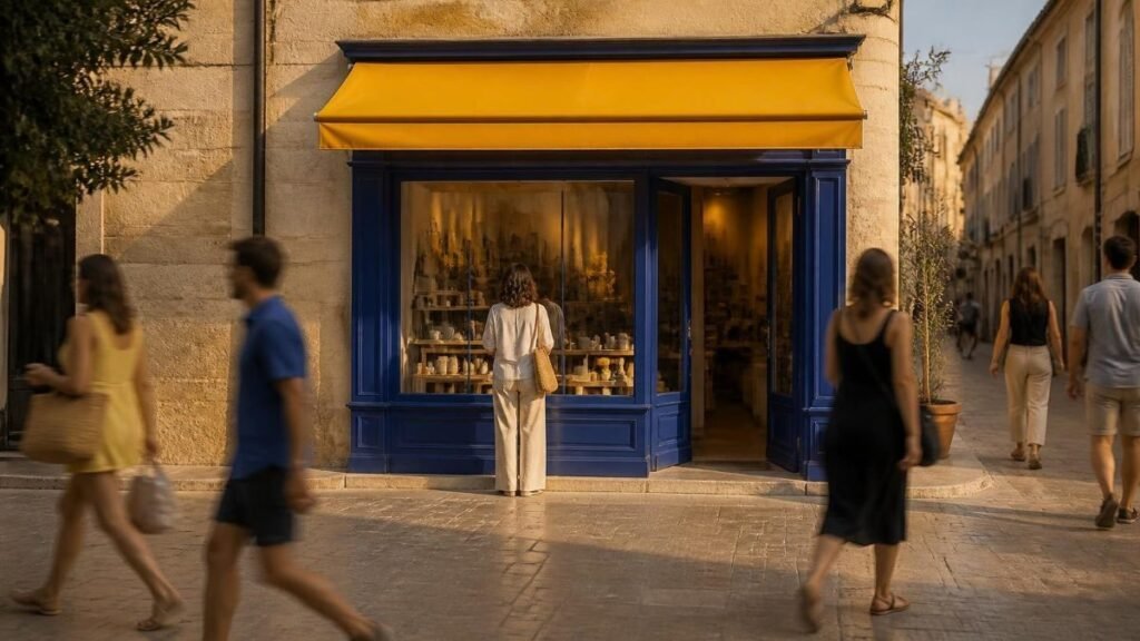 Passants qui marchent devant une boutique de centre-ville à la devanture bleue sans y entrer, une seule personne s'arrête devant la vitrine — illustration de l'audit du parcours client