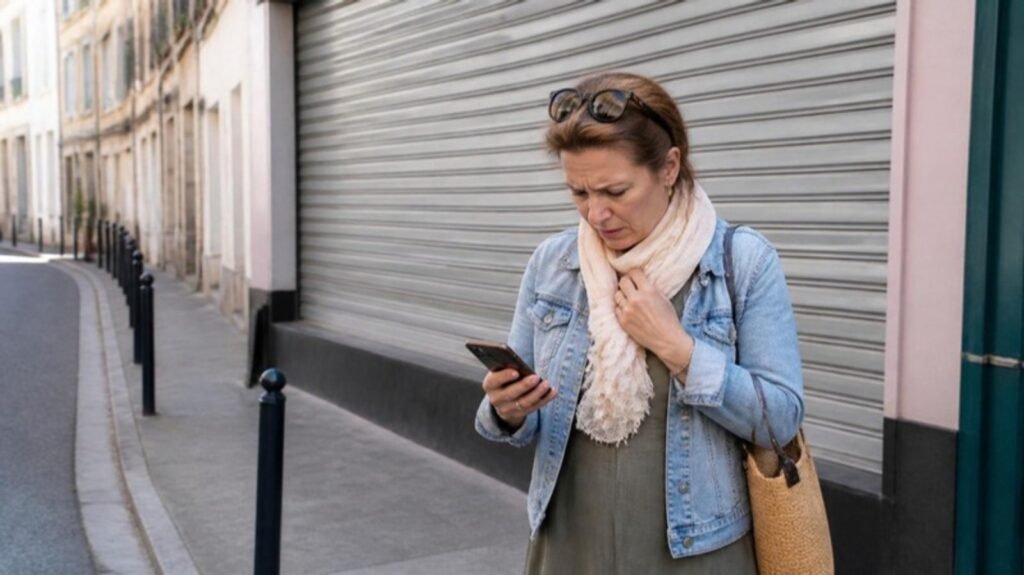 Une passante devant une boutique fermée vérifie les horaires sur son téléphone