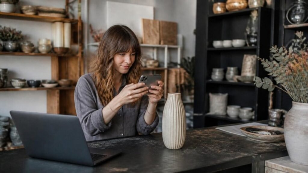 Une commerçante photographie un produit pour le mettre en ligne depuis sa boutique