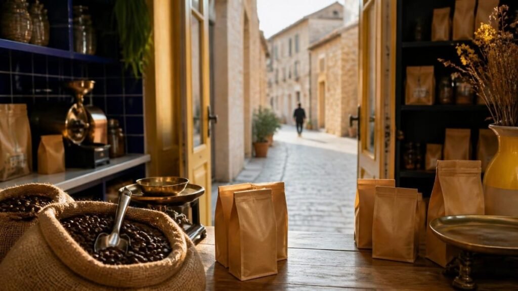 Comptoir d'une boutique de café vide avec des sacs de café en grain, une silhouette s'éloigne dans la rue : le client qui ne revient pas, un point de friction invisible du parcours client